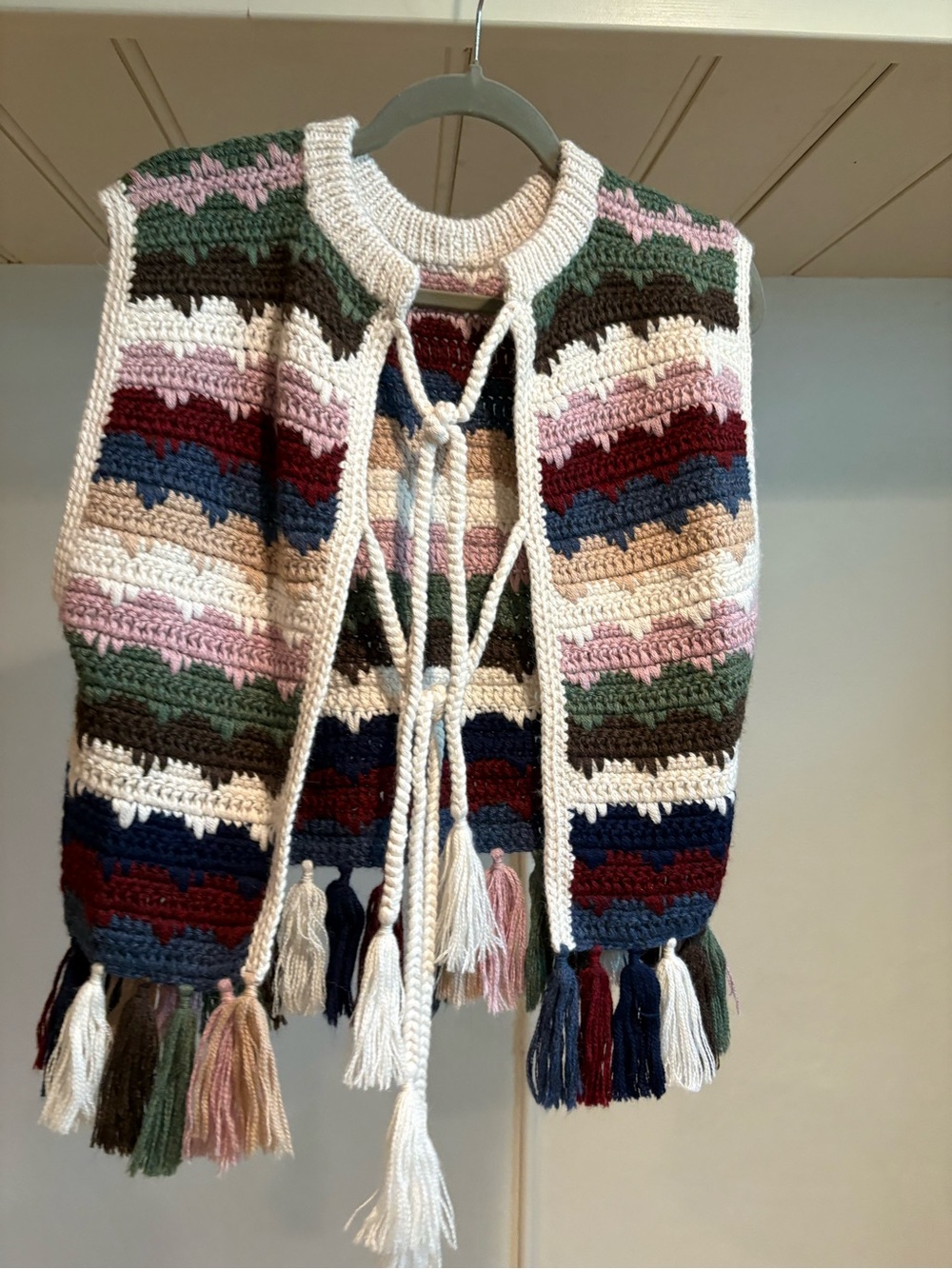 Handcrafted Multicolor Crochet Tassel Vest - Cream Trim